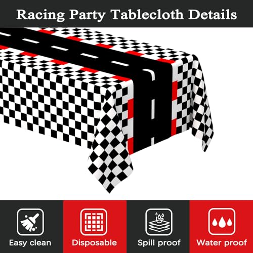Image of WNINK 4 PCS Racing Car Theme Tablecloths Car Disposable Plastic Tablecloths Black Checkered Flag Table Covers Racetrack Rectangular Tablecloth for Race Car Birthday Party Decorations, 54 x 108 Inch