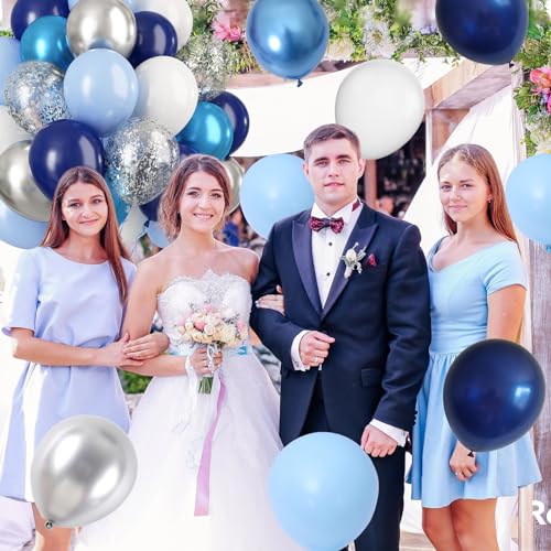 Image of Navy Blue Silver Balloons Set, 60 PCS Blue Silver White Metallic Confetti Latex Balloons for Boys Men Birthday Wedding Space Theme Party Decorations