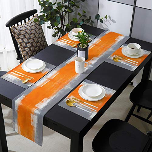 Labluux Table Runner With 6 Place Mats, Orange And Grey Abstract Art Texute Cotton-Linen Dining Mat Sets Heat Resistant Washable Placemat For Dining Table/Kitchen/Living Room/Office/Picnic 13X70 Inch cover