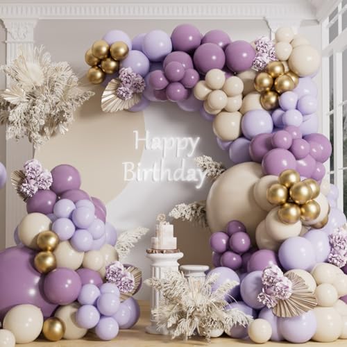Image of AULE 155Pcs Dusty Purple Balloon Arch Kit Sand White Gold Balloons | Macaron Purple Balloons Garland for Birthday Anniversary Engagement Bridal Shower Wedding Theme Party Decoration