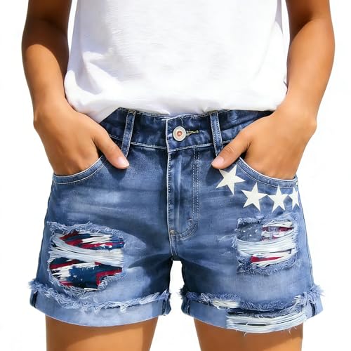 YZBF Denim Shorts for WomenJean Shorts for Women RippedAmerican Flag Print Denim ShortsMid Waisted Folded Hem Jean Shorts (US Alpha Large Regular Regular Blue D)