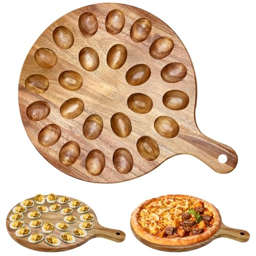 Acacia Wood Deviled Egg Platter Round Tray for Devilled Eggs Container Countertop Kitchen Easter Gift Cheese Charcuterie Board Wooden Serving Dish Large Egg Holder Hosting Essentials Devil Egg Plate
