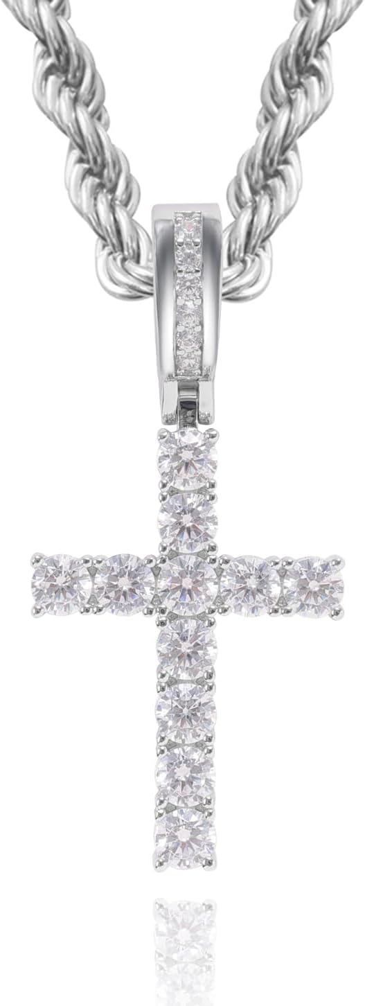 LuxeFlex 925 Silver Moissanite Cross Pendant, VVS D Clarity Moissanite Rhodium Plated White Gold Classic Cross Pendant, Hip Hop Fashion Sparkling Traditional Necklace Gift