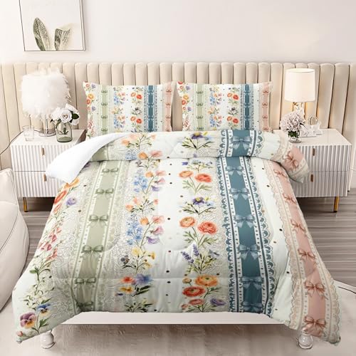 Image of AILONEN Colorful Floral Comforter Set Queen Size, Cottagecore Aesthetic Bowknot Bedding with 2 Pillowcases,3Pcs