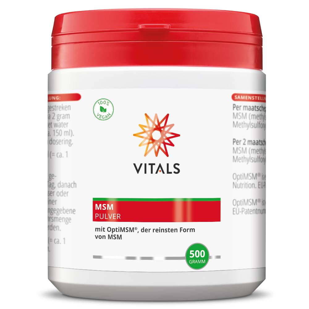 Vitals - MSM Pulver 500 Gramm mit OptiMSM, der reinsten Form von MSM. 100% reines OptiMSM, ohne Zusatzstoffe. 100% Vegan. Am meisten in Wissenschaft und Forschung eingesetzt