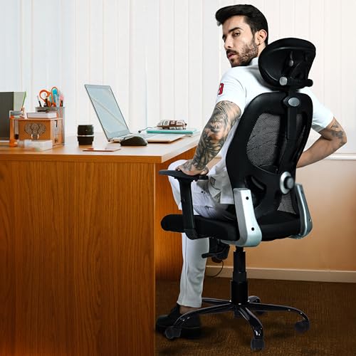 Image of Seventh Heaven Venus Ergonomic Office Chair in High Back with Adjustable Armrests, Headrest & Dynamic Lumbar Support, Synchro Tilt Mechanism: (Heavy Duty Metal Base, Black)