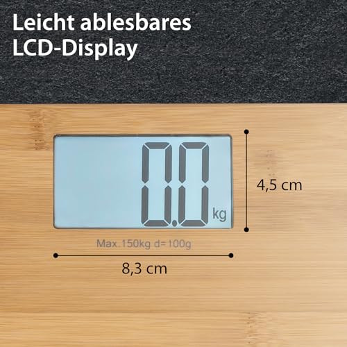 ADE Digitale Personenwaage BE 925 Martina. Elektronische Badezimmerwaage mit Wiegefläche aus echtem Bambus. Zur genauen Gewichtsbestimmung bis 150 kg. Mit großem Display. Inklusive Batterie. Braun
