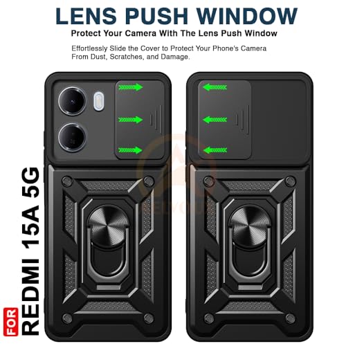 Image of Armor Bumper Back Cover Case for Redmi 15A 5G | Rotating Camera Cover, Ring Holder & Kickstand | Heavy Duty & 360 Degree Protection Redmi 15A 5G Back Cover (Black)
