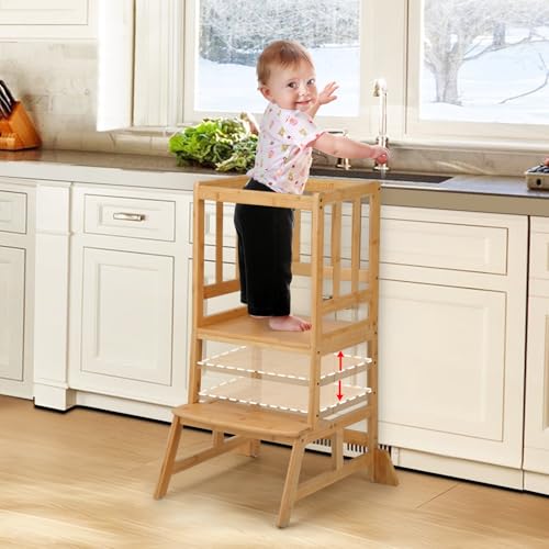 COSYLAND Torre de Aprendizaje Montessori de Bambú Natural, Torre de Aprendizaje Parra bebé con Altura Regulable, Taburete Seguro para niños, Torre Montessori con FSC para niños