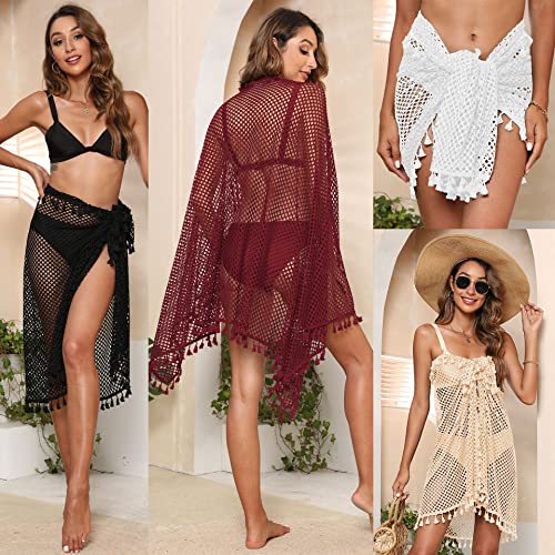 K-Elewon Crochet Sarong Swimsuit Coverup for Women Bathing Suit Cover ups Sexy Bikini Scarf Bathing Suit Bottom Beach Swimwear Wrap Skirt H03-01 Black - Image 6
