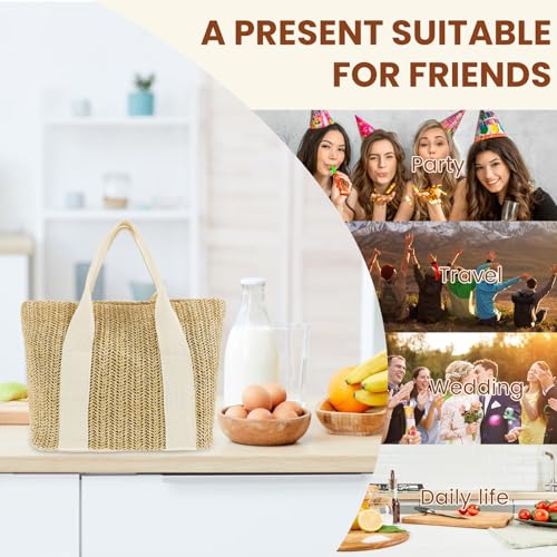 3 piezas de bolsas de playa tejidas a mano para mujer, 9,8 x 5,5 x 8,7 pulgadas, bolsa tote tejida de yute y malla hueca, con asa y correa para hombro, ideal para vacaciones, compras y viajes miniatura 7