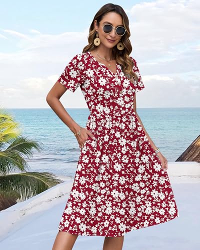 Image of WNEEDU Women V Neck Button Down Empire Waist Midi Summer Dress with Pockets