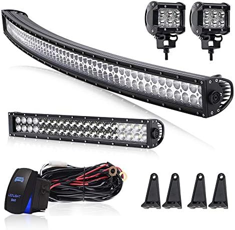 Led Light Bar AUSI 52Inch Curved 300W LED Work Light Bar Spot Flood Combo Off Road Driving Lights + 22 inch Light Bar + 2PCS 4" Cube Pods Lights + Wiring Harness Kit For Jeep Ford Chevy GMC SUV Truck