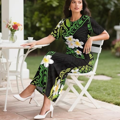 Image of Puletasi Samoan Traditional 2 Piece Outfits for Women Short Sleeve Crop Top and Maxi Skirt Sets Puletasi Dress