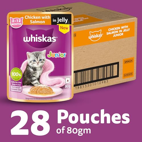 Image of Whiskas Junior Kitten (2-12 Months) Wet Cat Food, Chicken with Salmon in Jelly, 80 g x 28, Hydrating Food Made with Real Fish, 100% Complete & Balanced Nutrition for Kittens