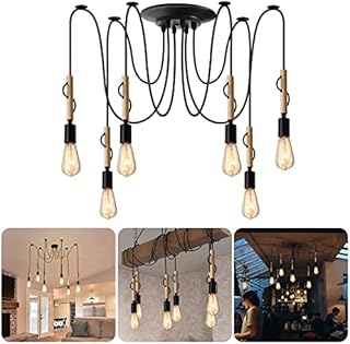 HOLULO Spider Pendant Lights, DIY 6 Arms Adjustable Chandelier Spider Lights Ceiling, Classic Edison E27 Industrial Retro Ceiling Light, Wooden Decoration, for Cafe Dining Hall Restaurant Living Room