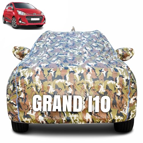 Image of 100% Waterproof Car Body Cover for Hyundai Grand i10 (2007-2013) with Mirror Pocket (Heat & UV Resistant, Triple Stitched, Soft Lining, Bottom Elastic & Piping) Camouflage, Military Print