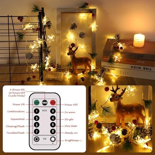 Miniatura 2 de Guirnalda de Navidad con tira de luces de 10 pies, 30 luces LED de piña, campanas de bayas rojas, decoraciones de Navidad para interiores para el