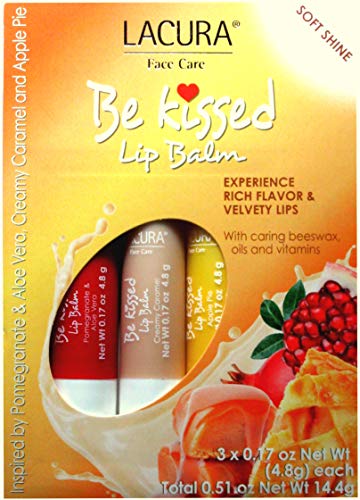 LACURA Face Care Be Kissed Lip Balm Soft Shine – 3 Flavors x 0.17 oz (4.8g) Each
