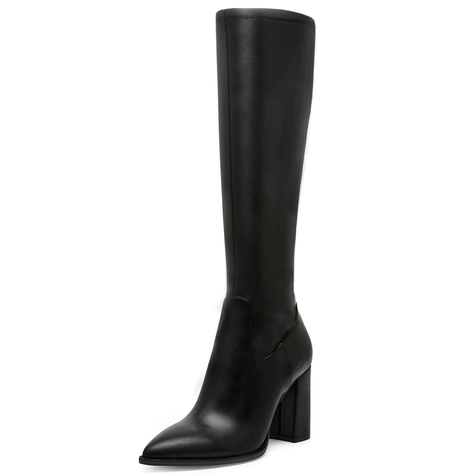 Womens Knee High Boots Leather Tall Boots for Women Chunky Block Heeled Boot Pointed Toe Side Zipper Dress