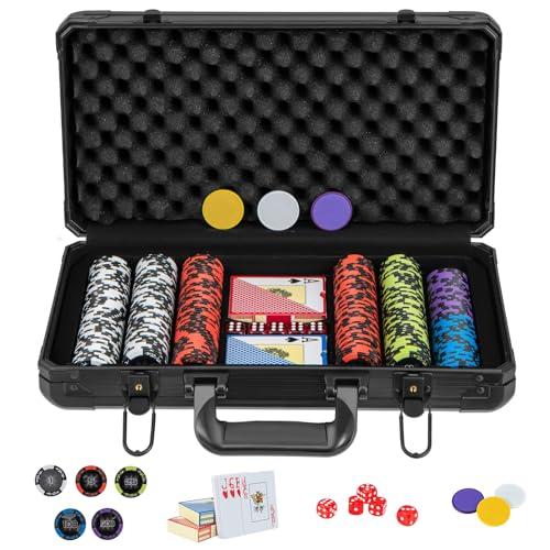 HOMASIS Pokerset mit 300 Laser-Chips, Poker Koffer mit 2 Kartendecks, 5 Würfeln, 3 Dealer Button, abschließbar Pokerkoffer aus Alu mit 2 Schlüsseln, Poker Komplett Set für Partys, Kasino (300 Chips)