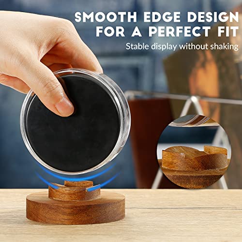 Image of JupDec Hockey Puck Display Case Acrylic Clear Holder with Wood Base, Autograph Souvenir Display Stand, Perfect Showcase for Your Collection, Brown, 2 Pack