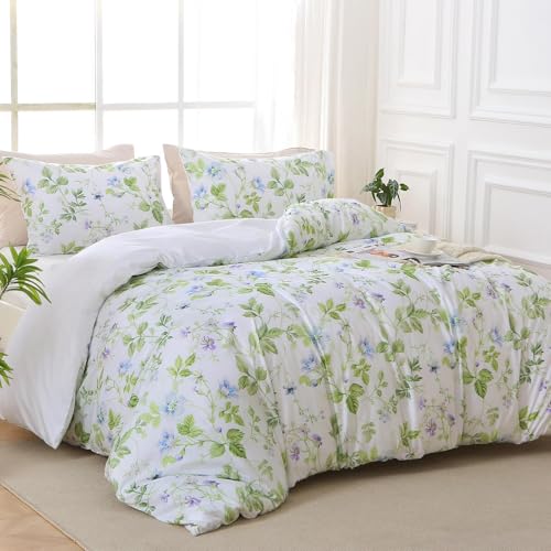 MUXHOMO Duvet Cover Queen Size, Reversible Floral Vintage Duvet Cover Set with Zipper Closure, 3 Pieces Botanical Patterns Soft Microfiber Bedding Set (90"x90", 2 Pillow Cases, Green Branch)