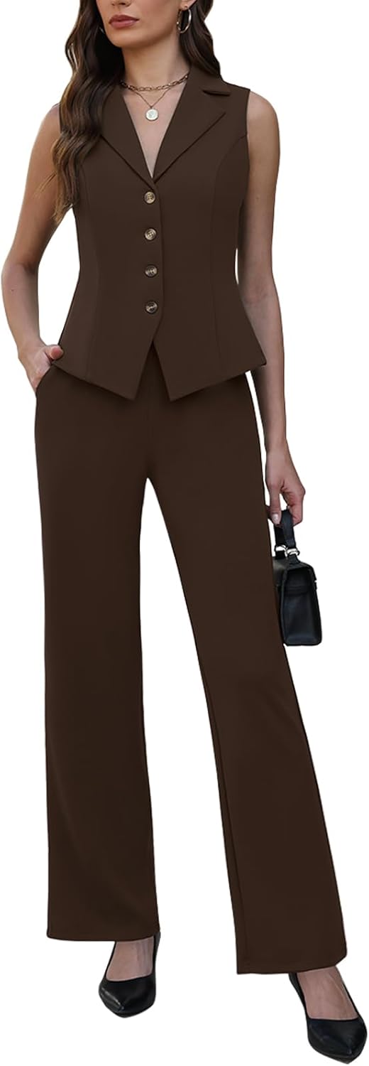 Agenlulu Women's 2 Piece Suits Sleeveless V Neck Outfits Summer Vest Blazer with Straight Leg Pants Business Casual Sets