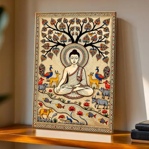 Image of PAINTINGMANTRA Madhubani Buddha Painting for Living Room, Buddha wall Decor for living room, Bedroom, office and Home, Canvas, 12x16 Inch