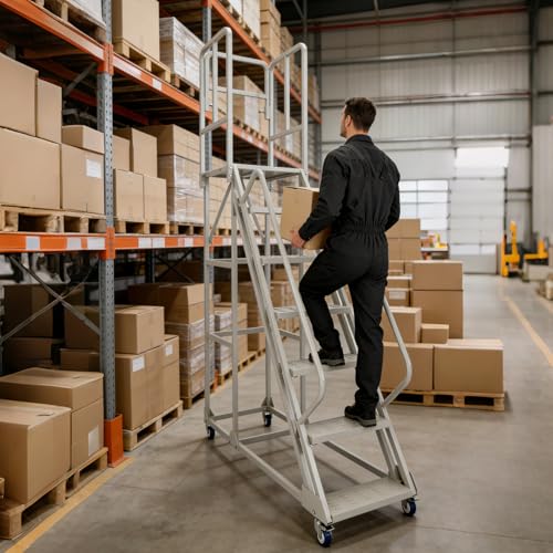 Image of 7-Step 23.3 inchW x 102.5 inchH Rolling Ladder with Handrails, Non-Slip Platform, Lockable Wheels, 1500LBS Capacity, Industrial & Warehouse Stairs, Easy to Move,Stable for Library, Supermarket, Garage