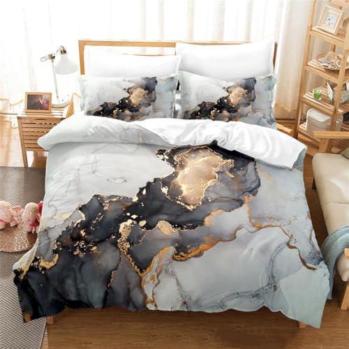 Modern Marble Print Comforter Cover Sets Grey Black Sequin Gold Duvet Cover Set with Zipper Closure Abstract Queen Size Bedding Set