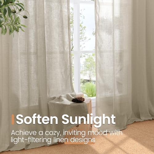Image of BGment Camel Linen Curtains 63 Inches Long for Living Room - Semi Sheer Light Filtering Window Drapes with Rod Pocket Textured Lightweight for Bedroom, 2 Panels Set, Each 52 Inch Wide