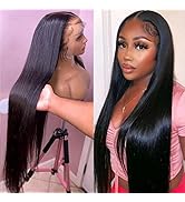 Echthaar Perücke Schwarz Frauen 13x6 HD Straight Lace Front Wig 180% Density Transparent Straight...