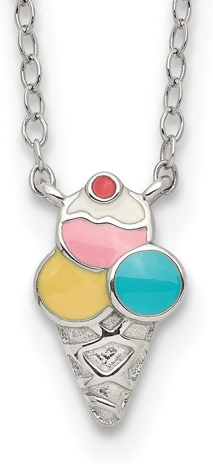 925 Sterling Silver Polished and Textured Multi-color Enameled Ice Cream Cone with 2 Inch Extension 's Necklace