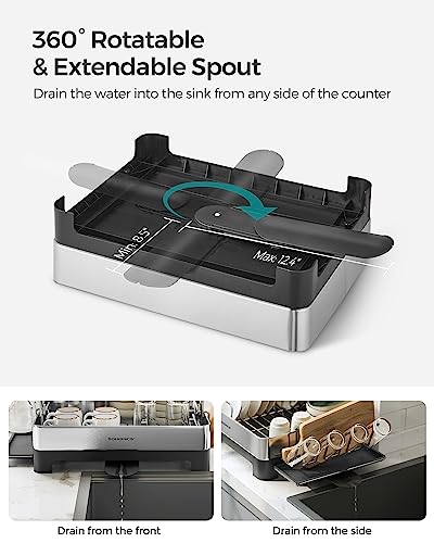 Image of SONGMICS Dish Drying Rack, Stainless Steel, Extendable Spout | Dish Drainers for Kitchen Counter, Fingerprint-Resistant, 12.4 x 23.1 In, Ink Silver and Black, PAXTON Collection UKCS030B01