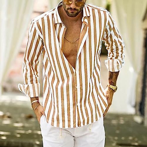 Work Shirt for Men Striped Casual Button down Shirt Regular Fit Band Collar Long Sleeve Shirt Beach Summer Fall Shirt2