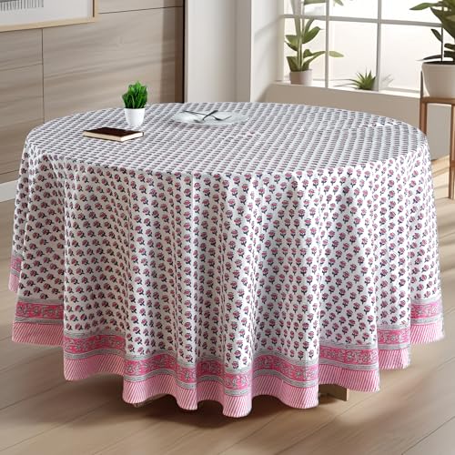 CPC Round Tablecloth- Cotton Indian Block Print Tablecloth -Handmade Printed Washable Cotton Table Cloth - Spring/Summer, Wedding Table Cover - Pink Sapphire 90 Inch