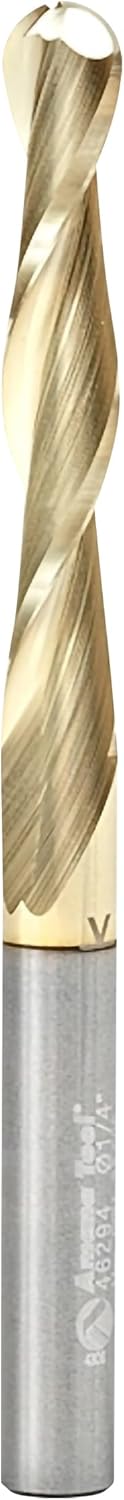 Amana Tool Up Cut Spiral CNC Router Bits for 2D/3D Carving, ZrN Coated, 46294, 0.10 Deg Straight Angle Ball Tip 1/4 D x 1/8 R x 1-1/2 x 1/4 Shk x 2 Fl
