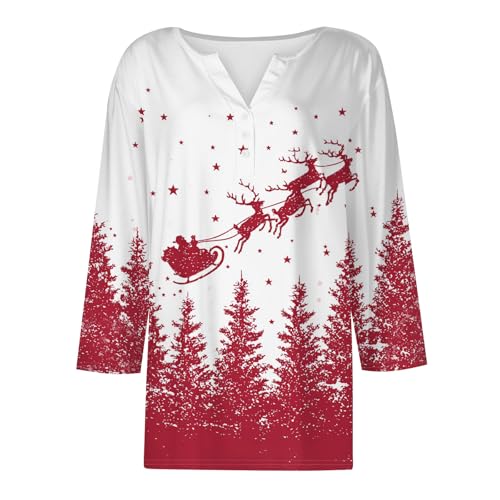Image of Women Christmas Shirt 3 /4 Length Sleeve Henley Tops Xmas Outfits