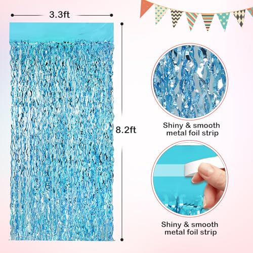 Wavy Light Blue Metallic Tinsel Foil Fringe Curtains, 2 Pack 3.3x8.3 Feet Party Streamer for Birthday Party Decorations, Halloween Decor, Foil Curtain for Bachelorette Party