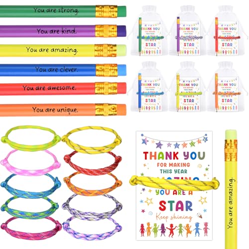 30 pulseras de cuerda ajustables y lápices variados para detalles infantiles