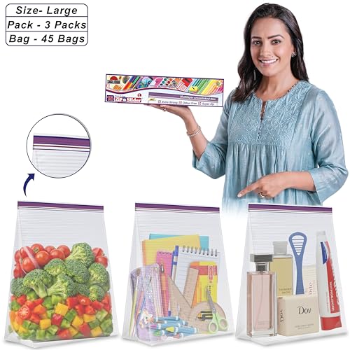 Image of Shalimar Zip 'N' Slider (Press Fit) Bags | Large (30.5 cm X 35.5 cm) | Pack of 45 Bags |Ziplock /Vegetable /Fruit /Fridge /Multi-Purpose Storage Bag | Reusable & Reclosable with Double Lock| Color-Natural