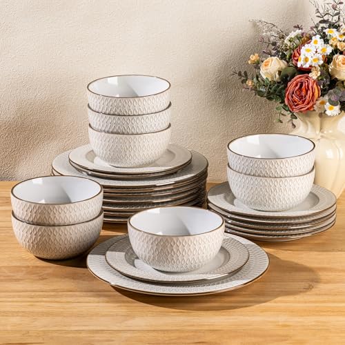 Image of GBHOME Ceramic Dinnerware Sets, 24 pcs Embossed Elegant Stoneware Plates and Bowls Sets, Housewarming Wedding Gift | Dishwasher & Microwave Safe | Dishes Set Service for 8