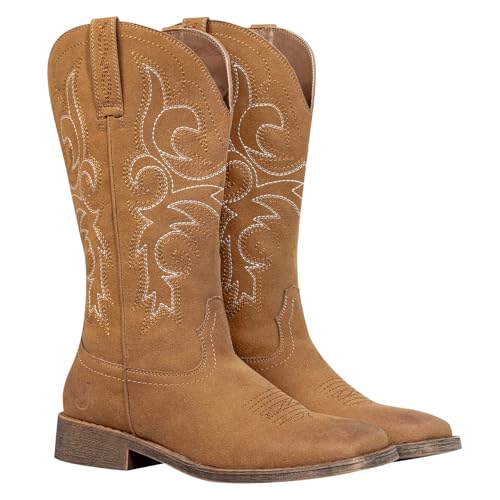 Image of J's.o.l.e Womens Square Toe Cowgirl Cowboy Boots Mid Calf with Chunky Heel Retro Embroidery Western Boots
