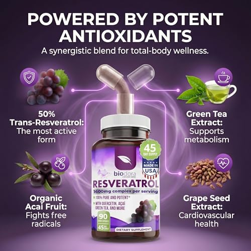 Image of Resveratrol 1600mg - 90 Capsules | Trans-Resveratrol Antioxidant Supplement with Natural Green Tea, Grape Seed Polyphenols & Quercetin, Supports Digestive, Heart Health, Immune System, Brain Function