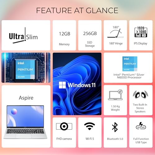 Image of acer Aspire 3, Intel Pentium N6000, 12GB LPDDR4X RAM, 256GB SSD, HD, 15.6 inch /39.62cm, Windows 11 Home, Pure Silver, 1.5KG, A325-45, Thin and Light Laptop