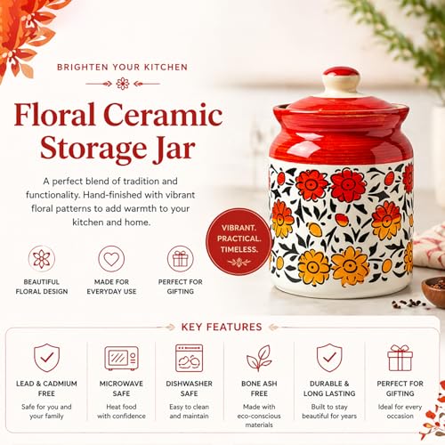 Image of Ceramic Handmade Pickle Jars in 1000ml (set of 2) | Handpainted Floral Bale 1 kg Achaar Martban | Ceramic Jadi for Kitchen Storage (Set of 2) | Jars for Achar, Spices, Salt (HandPainted Red Sunflower)