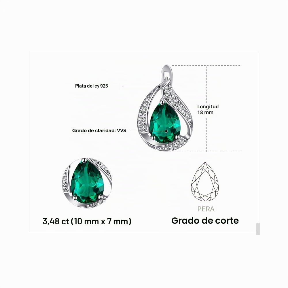 JewelryPalace Pendientes Mujer Plata Oro 14k Oro Rosa, Pendientes Clip de Perforacion 3.5ct Esmeralda Simulado Verde, Pendientes Pequeños Mujer Gota de Agua Piedra, Pendientes Niña Joyas