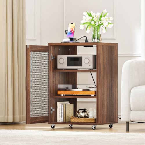 Media-Cabinet-with-Charging-Station-Stereo-Cabinet-with-Wheels-Audio-Video-Media-Stand-with-Adjustable-Shelves-and-Mesh-Door-AV-Rack-for-Living-Room-Home-Theater-Walnut-MBZ23UHT