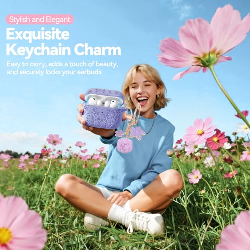 Image of for Airpods Pro 3 Case with Magnetic Lid, Flower Engraved Case Cover Compatible with AirPods Pro 3rd Generation 2025, Soft Silicone Cases with Keychain & Cleaner for Women Girly, Shockproof